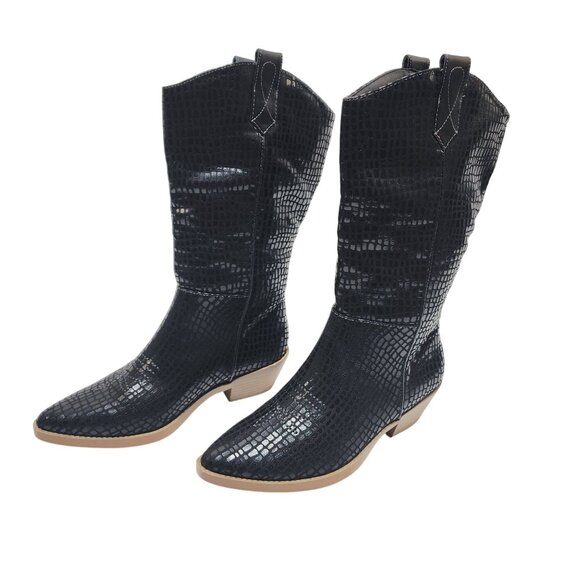 Black Croc-Embossed Mid-Calf Western Boots Size 6M Faux Leather Upper Block Heel - Picture 4 of 10